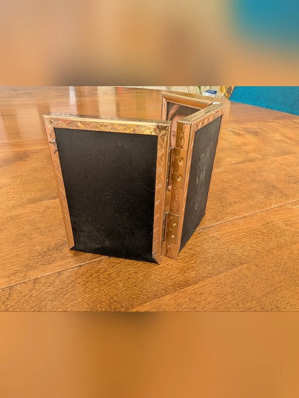 Vintage Gold Metal Photo Frames Tri-fold Hinged Frame Holds 2.25